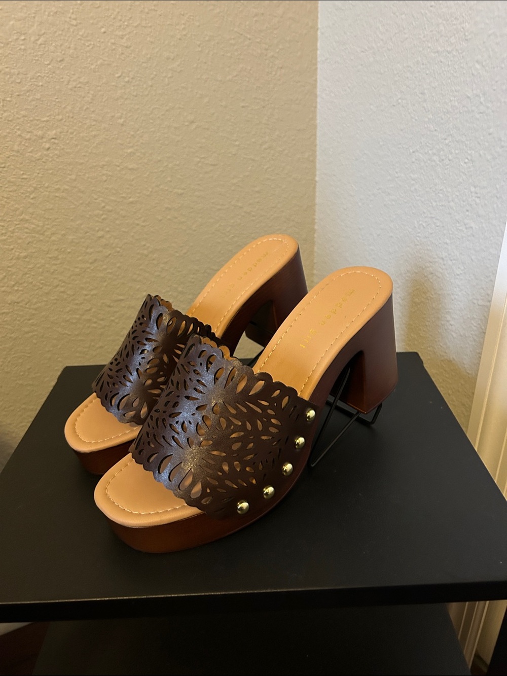 Madden Girl Brown Leather Laser-Cut Block Heel Mules